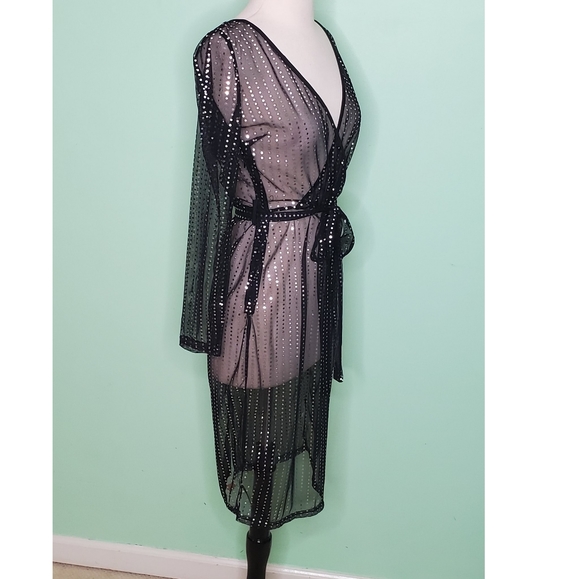 Sheer Black and Silver Metallic Faux Wrap Dress - Picture 4 of 10